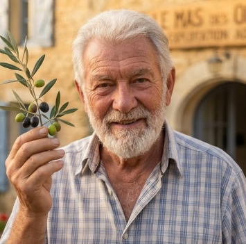 Portrait rapproché de Jean-Pierre, un homme âgé à la barbe grise soignée et au sourire chaleureux, portant une chemise à carreaux bleus. Il tient une petite branche d'olivier chargée d'olives vertes et noires dans sa main gauche, sur fond d'une oliveraie centenaire.
