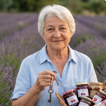 Portrait rapproché de Marie-Louise, une femme âgée aux cheveux blancs courts, portant une chemise en lin bleue. Elle tient une ancienne clé en métal dans sa main gauche et un panier rempli de pots de confitures artisanales (cerise, fraise) sous le bras droit, sur fond d'un champ de lavande.