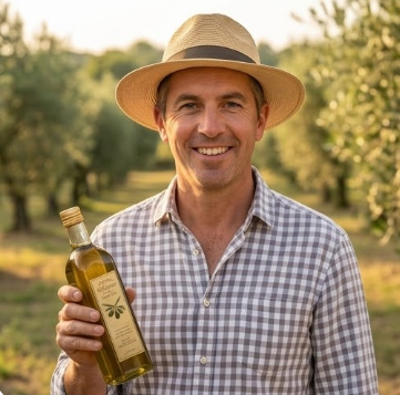 Portrait rapproché d'Antoine, un homme d'une quarantaine d'années, portant un chapeau de paille et une chemise à carreaux noirs et blancs. Il tient une bouteille d'huile d'olive vierge extra avec une étiquette artisanale dans sa main gauche, sur fond d'une oliveraie baignée par la lumière dorée.