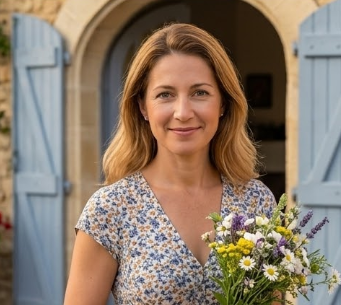 Portrait rapproché de Sophie, une femme d'une quarantaine d'années aux cheveux châtains clairs, portant une robe à motifs floraux. Elle tient un petit bouquet de fleurs sauvages et d'herbes de Provence dans ses mains jointes, sur fond d'une porte en bois avec des volets bleus.