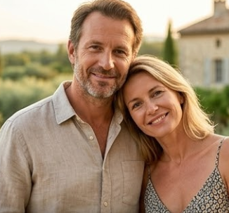Un couple de Parisiens, Thomas et Julie, dans la quarantaine, souriants et détendus, posant sur un balcon au Mas des Oliviers. L'arrière-plan montre une oliveraie centenaire et une ferme en pierre provençale sous une lumière dorée du soir.