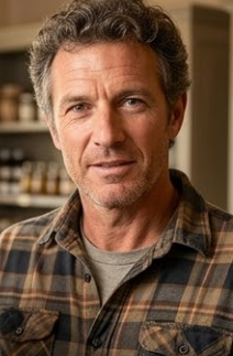 Marc D., de Lyon, un homme d'une cinquantaine d'années, passionné et confiant, portant un tablier d'artisan. Il tient une petite bouteille d'huile d'olive artisanale du Mas des Oliviers vers la caméra. L'arrière-plan est l'intérieur d'une boutique de ferme remplie de produits locaux.