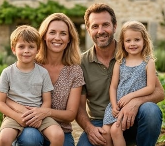 Une famille de quatre personnes (parents, deux enfants) de Lille, souriante et heureuse, posant dans un grand potager maraîcher au Mas des Oliviers. Ils sont debout entre des rangées de légumes frais, avec la ferme en pierre en arrière-plan sous une lumière douce.