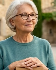 Elena S., de Genève, une femme mature et réfléchie, aux cheveux blancs courts et lunettes, portant un pull fin en tricot. Elle regarde légèrement hors champ avec une expression sereine. L'arrière-plan est une cour intérieure de ferme provençale avec des oliviers bien entretenus et des murets de pierre.