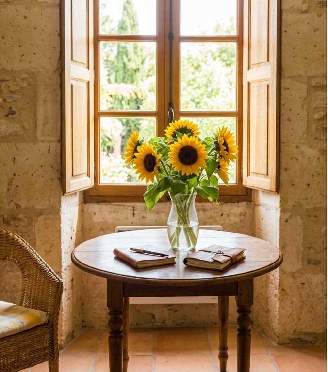 Plan rapproché et intimiste sur le coin écriture de la chambre. La table ronde d'écriture en bois ancien est face à la fenêtre ouverte sur un jardin provençal ensoleillé. Centré sur la table, un vase en verre contient un vibrant bouquet de grands tournesols frais. Un carnet de notes en cuir et une plume reposent sur la table.