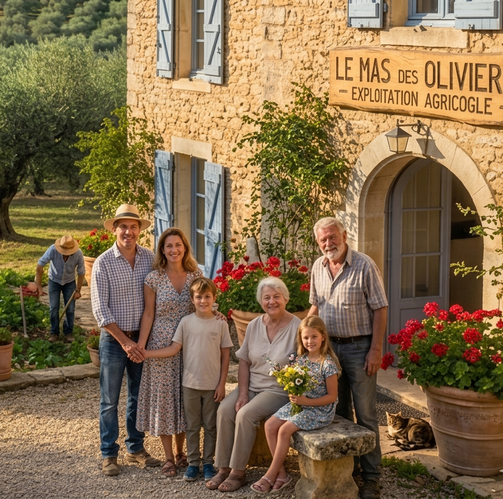 Portrait de famille multi-générationnelle devant un mas provençal en pierre avec l'enseigne « Le Mas des Oliviers », des pots de géraniums rouges et des oliviers.
