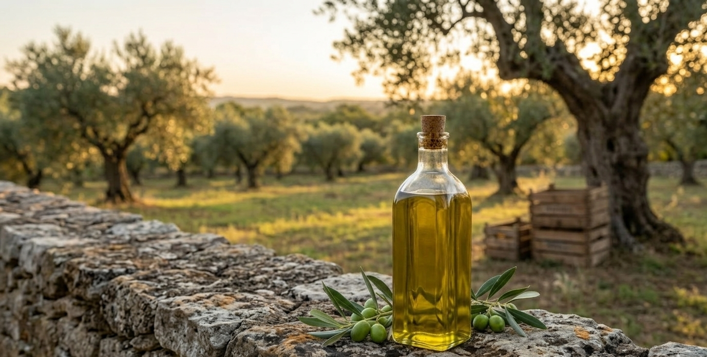 Bouteille d'huile d'olive posée sur un muret de pierres sèches dans un verger d'oliviers sous la lumière dorée du coucher de soleil en Provence.