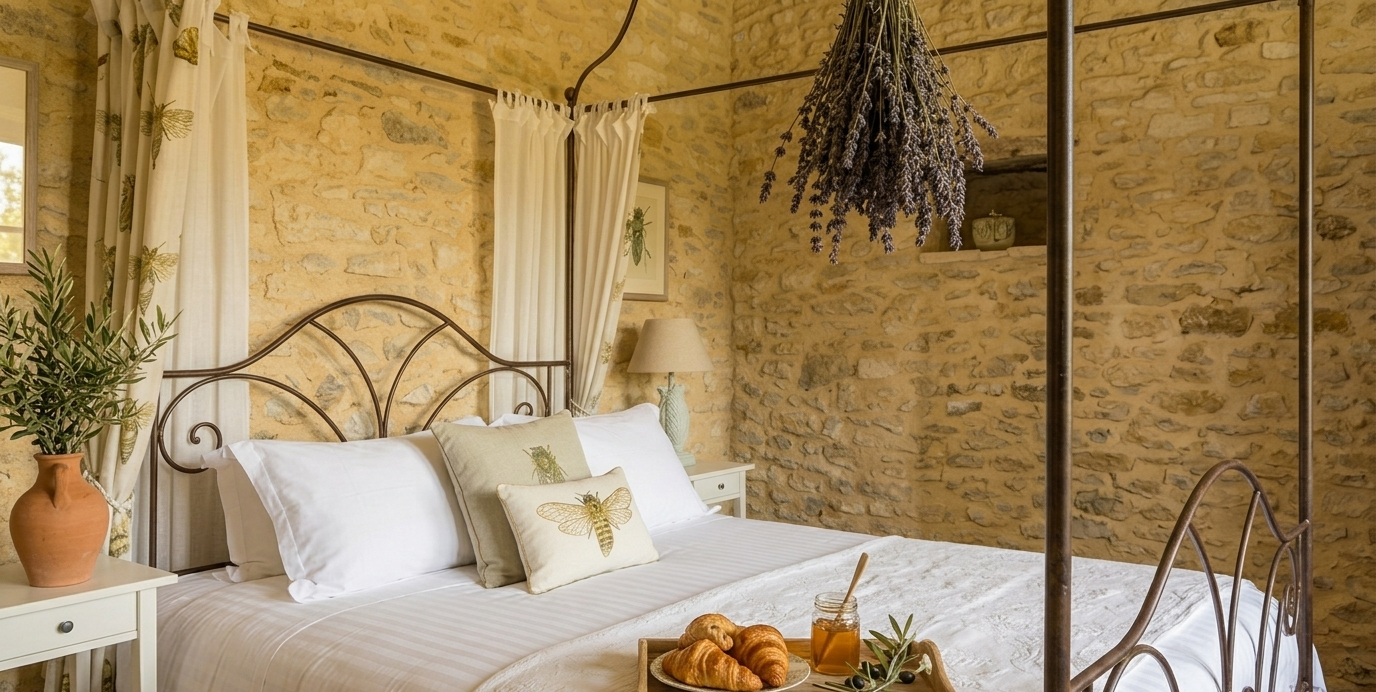 Vue d'ensemble en perspective d'une chambre d'hôtes de charme nommée "Chambre Cigale". On y voit le grand lit à baldaquin en fer forgé avec voilages blancs, posé sur des tomettes anciennes et des tapis en jute. Au fond, une armoire ancienne peinte en gris patiné et une sculpture de cigale géante en métal ouvragé sur un mur en pierres brutes.