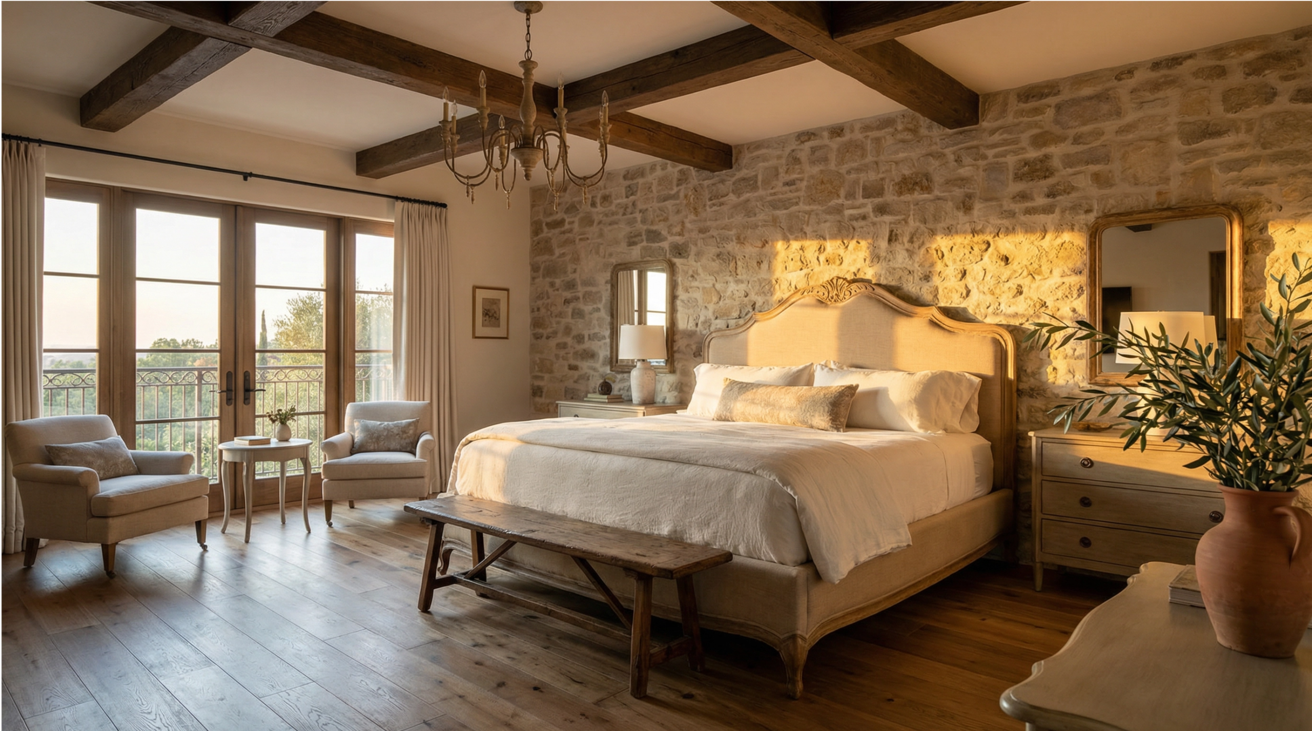 Suite master « Mistral » luxueuse et lumineuse : grand lit king-size, murs en pierre, poutres, deux fauteuils élégants, lustre et de grandes portes-fenêtres ouvrant sur un balcon avec vue sur l'oliveraie au coucher du soleil.