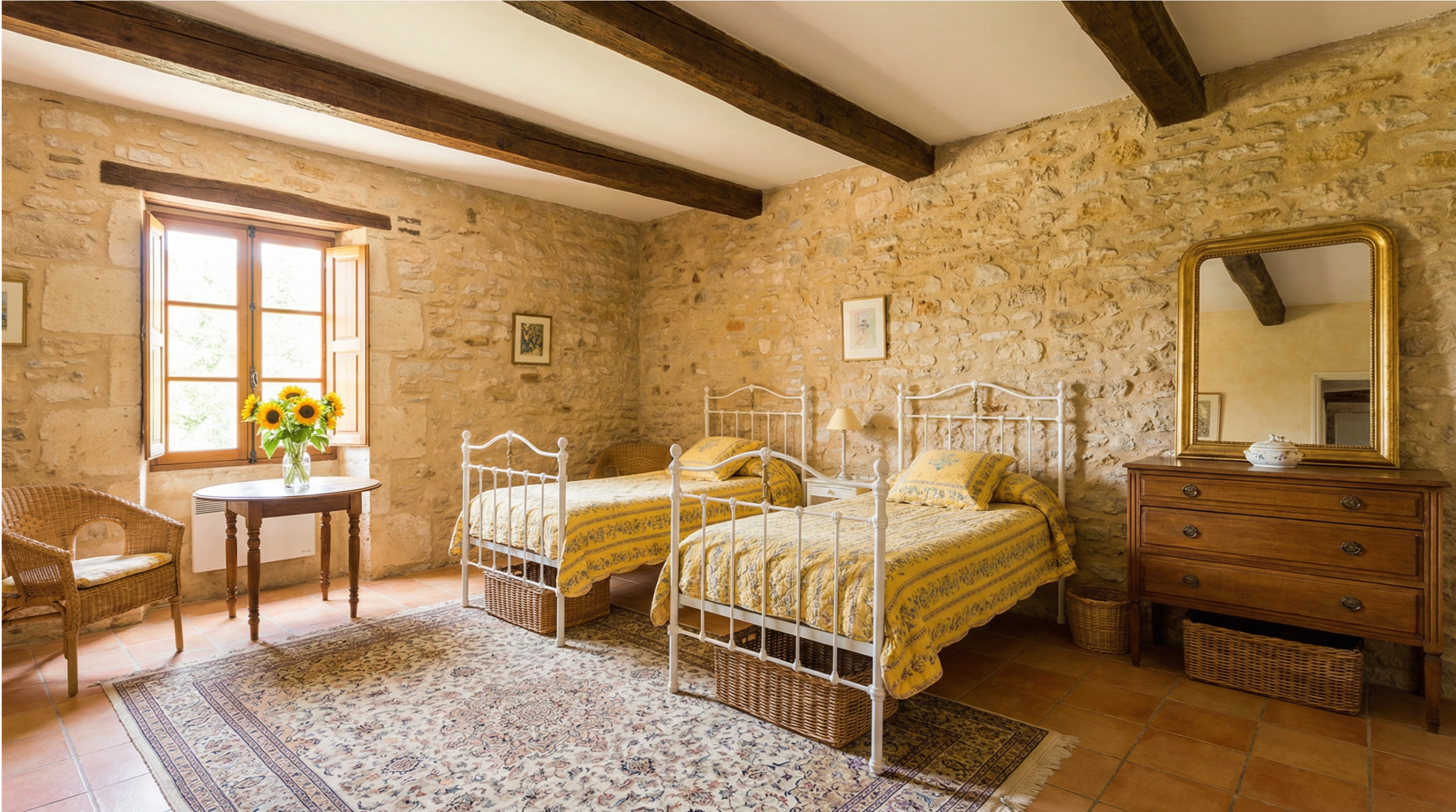 Intérieur rustique et ensoleillé de la chambre Alpilles : deux lits jumeaux en fer forgé blanc, murs en pierre apparente, poutres en bois, sol en terre cuite et un bouquet de tournesols sur une table près de la fenêtre.