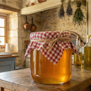 Un grand bocal en verre rempli de miel de fleurs dorées et liquide, scellé par un tissu vichy rouge et blanc et une ficelle, posé sur une table en bois rustique dans une cuisine de ferme provençale.