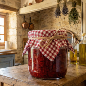 Un grand bocal en verre rempli de confiture de fraises artisanale rouge foncé, scellé par un tissu vichy rouge et blanc et une ficelle, posé sur une table en bois rustique dans une cuisine de ferme provençale.