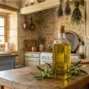Photographie de style nature morte d'une bouteille d'huile d'olive en verre avec bouchon en liège, posée sur une table en bois rustique à côté de branches d'olivier avec des olives vertes. En arrière-plan, une cuisine provençale en pierre sèche avec des casseroles en cuivre, des armoires bleues patinées, de la lavande séchée et un poêle à bois. Lumière naturelle douce.
