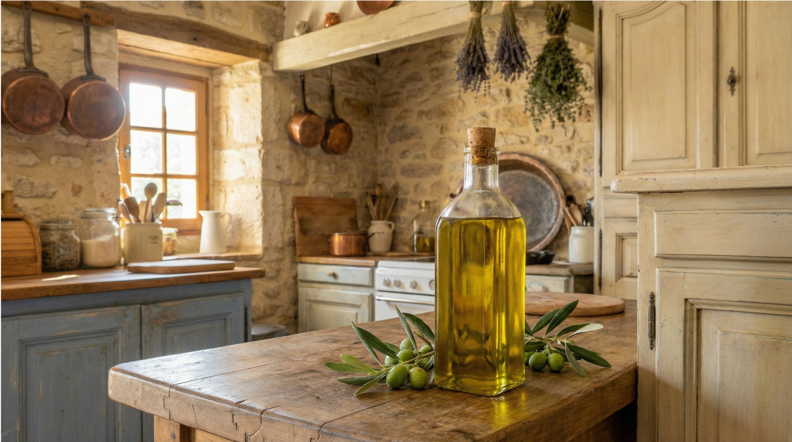 Photographie de style nature morte d'une bouteille d'huile d'olive en verre avec bouchon en liège, posée sur une table en bois rustique à côté de branches d'olivier avec des olives vertes. En arrière-plan, une cuisine provençale en pierre sèche avec des casseroles en cuivre, des armoires bleues patinées, de la lavande séchée et un poêle à bois. Lumière naturelle douce.
