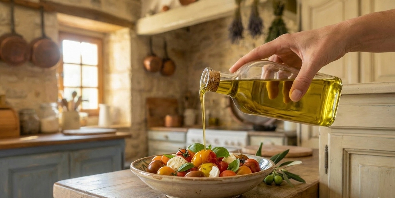 Main versant un filet d'huile d'olive dorée depuis une bouteille sur une salade de tomates fraîches et mozzarella dans une cuisine provençale rustique.