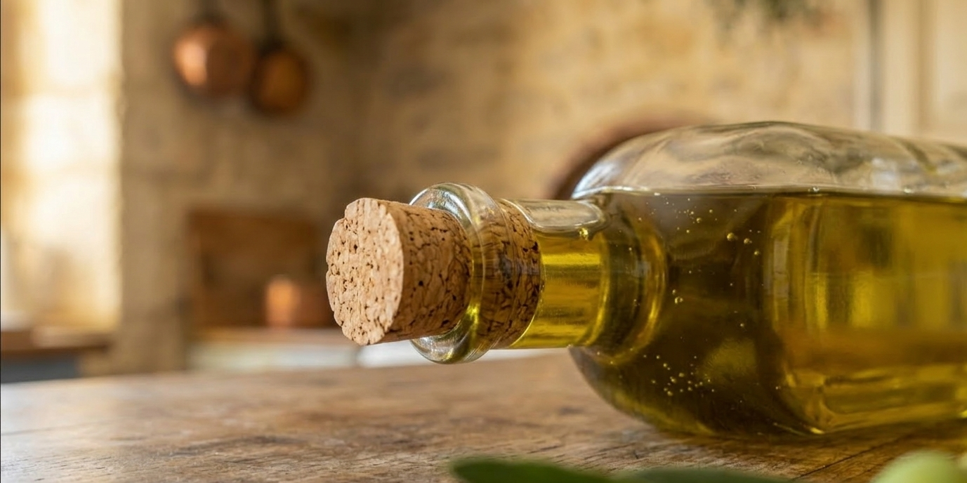 Gros plan macro sur le goulot d'une bouteille d'huile d'olive en verre avec un bouchon en liège naturel, révélant une huile dorée, limpide et lumineuse sur un plan de travail en bois.